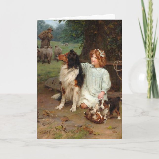 Cartão Vintage Artwork - Girl and Her Collies, (Frente)