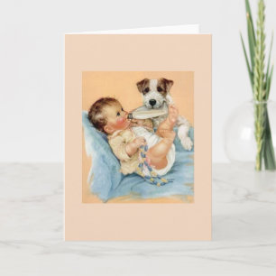 Cartão Vintage Baby and Dog Greeting Card