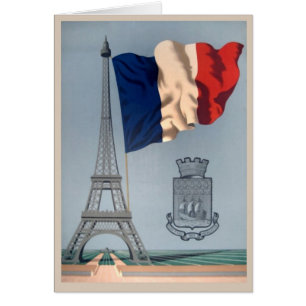 Cartão Vintage Bandeira Nacional Francesa e Torre Eiffel
