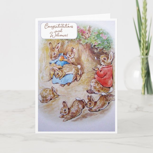 Cartão Vintage Beatrix Potter Novos Parabéns para bebês (Frente)