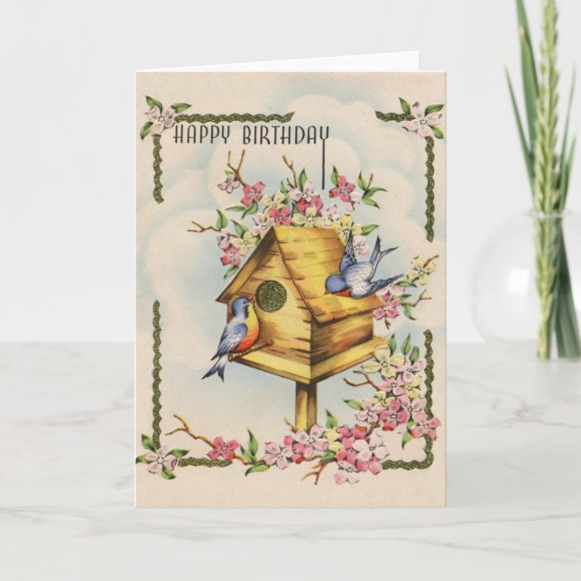 Cartão Vintage Birdhouse Birthday Card (Frente)
