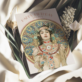 Cartão Vintage Birthday Card Alphonse Mucha Champagne