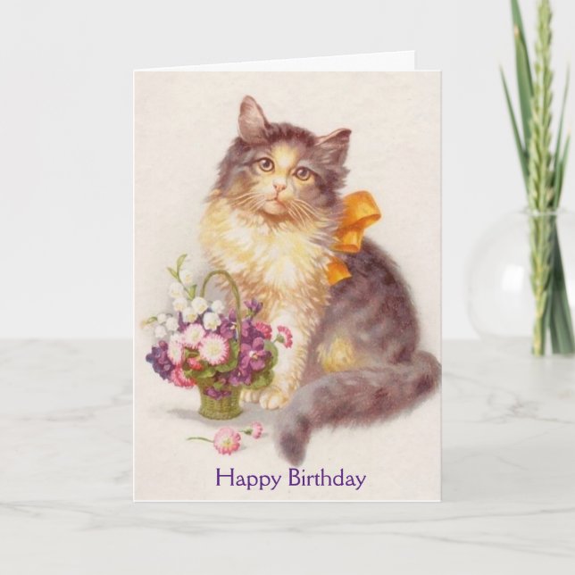 Cartão Vintage Birthday Cat (Message Inside), (Frente)