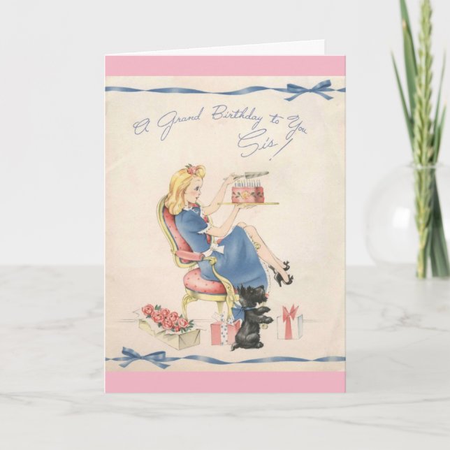 Cartão Vintage Birthday to a Sister, (Frente)