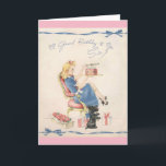 Cartão Vintage Birthday to a Sister,<br><div class="desc">A vintage birthday card image features a young woman celebrating her birthday in style. She sits in a pink chair with a box of a dozen roses and birthday gifts at her feet. Her pet Scottish Terrier dog sits up on its haunches and begs for a piece of birthday cake...</div>