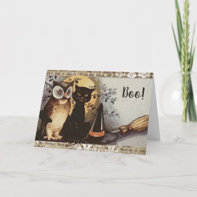 Cartão Vintage Black Cat and Owen Halloween (Frente)