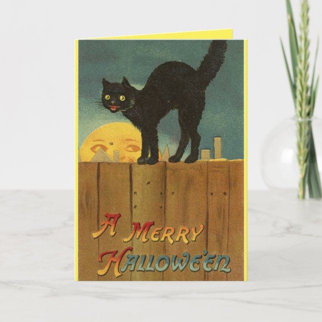 Cartão Vintage Black Cat Halloween (Frente)