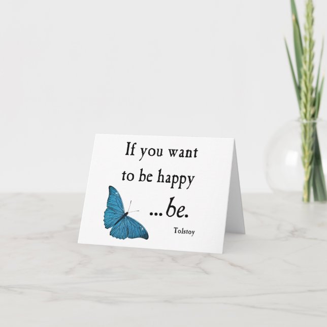 Cartão Vintage Blue Butterfly and Tolstoy Happiness Quote (Frente)