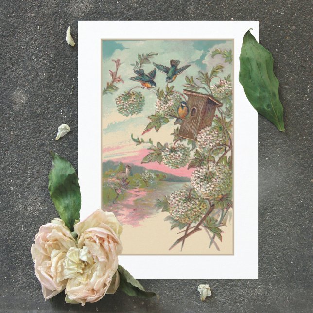 Cartão Vintage Bluebird House Hydrangea Birthday (Criador carregado)