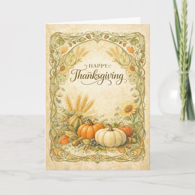 Cartão Vintage Botanical Thanksgiving Pumpkin Harvest (Frente)
