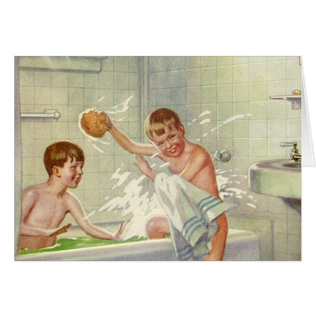 Cartão Vintage Brothers, Children, Boys Splashing in Tub, (Frente Horizontal)