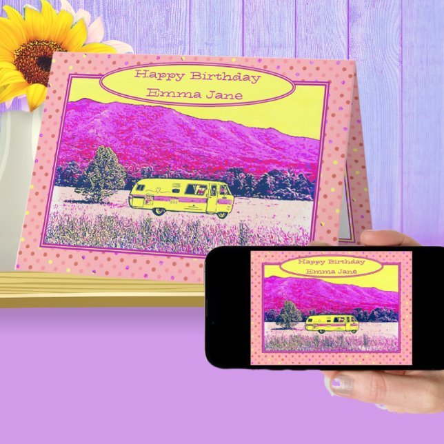 Cartão Vintage Camper Van Happy Birthday - Bolinhas Rosa (Criador carregado)