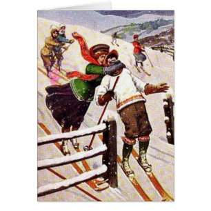 Cartão Vintage - casal inábil do esqui da neve,