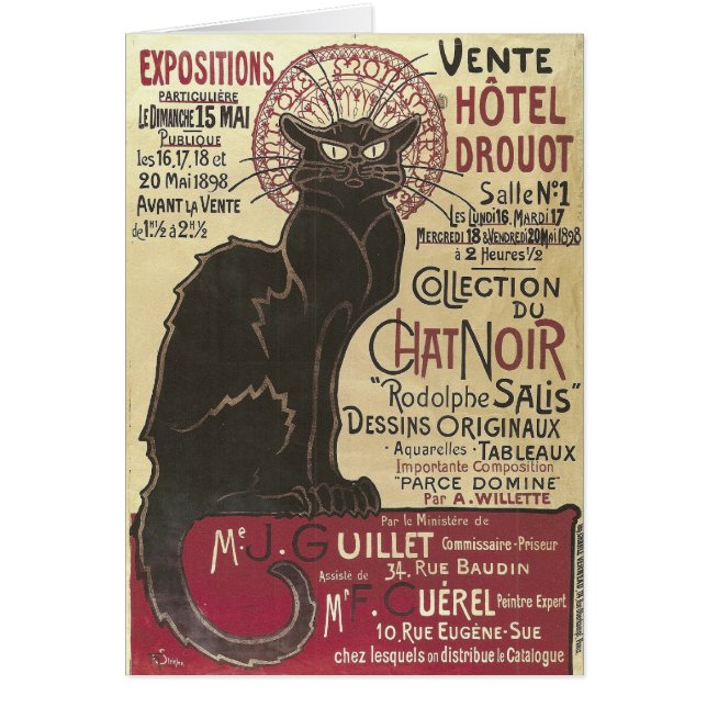 Cartão Vintage Chat Noir, Vente Hôtel Drouot Steinlen (Frente)