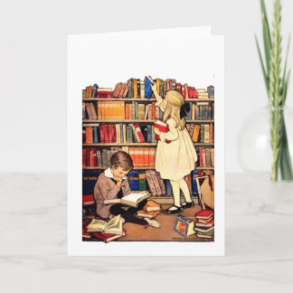 Cartão Vintage Children Reading Library Books Blank Card