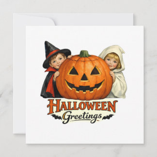 Cartão Vintage Children with Giant Pumpkins Halloween