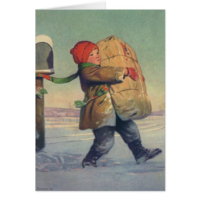 Cartão Vintage Christmas, Child with Large Package (Frente)
