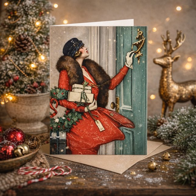 Cartão Vintage Christmas Doorstep Illustration (Criador carregado)