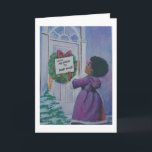 Cartão Vintage Christmas - My House to Yours,<br><div class="desc">A vintage Christmas card design features an African American girl standing in front of the door to a house admiring a Christmas wreath on the door. It holds a sign that says, "From My House to Your House." There's snow on the ground, and she's bundled up in a purple coat...</div>