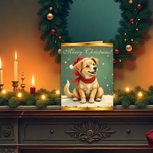 Cartão Vintage Christmas Puppy Retro Christmas (Vintage Christmas Puppy Retro Christmas Card by the Olde Christmas Shoppe)