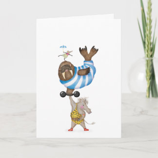 Cartão Vintage circus warthog strongman with walrus