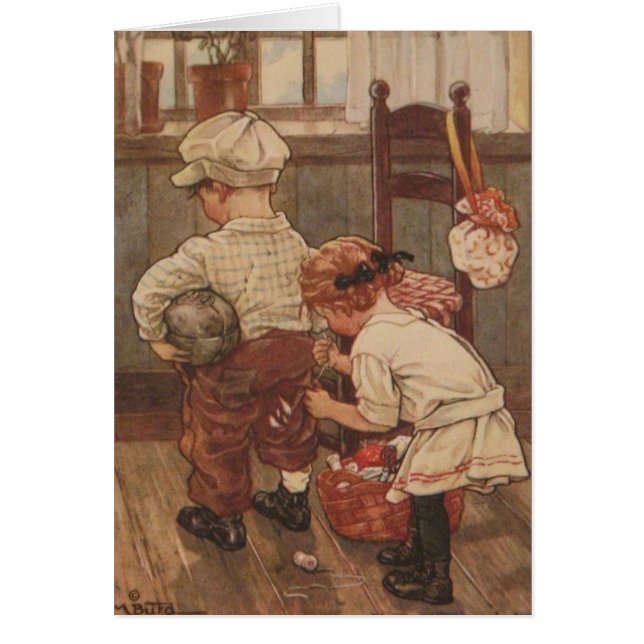 Cartão Vintage - costurando seu Britches, (Frente)