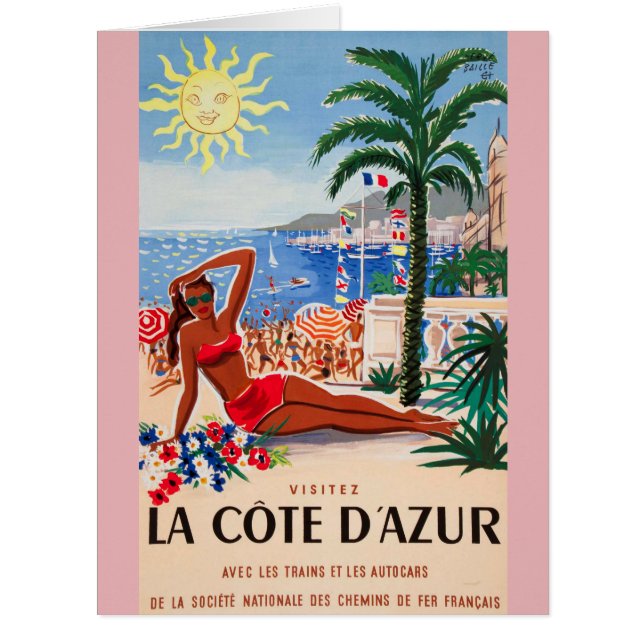 Cartão Vintage Cote D'Azur Beach Girl (Frente)