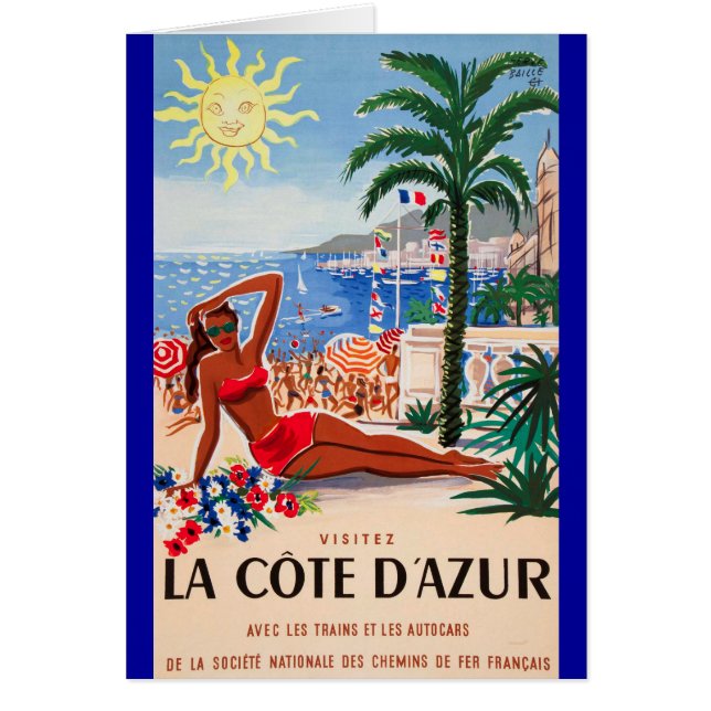 Cartão Vintage Cote D'Azur Beach Girl (Frente)