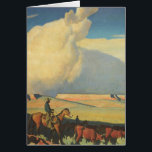 Cartão Vintage Cowboys, Open Range de Maynard Dixon<br><div class="desc">Open Range (1942), de Maynard Dixon, é uma pintura típica da paisagem das belas artes nos Estados Unidos. Um fazendeiro de vaqueiro cavalgando seu cavalo nas planícies do sudoeste. Ele está pastoreando suas vacas, touros e gado na pradaria. Grandes nuvens brancas enchem o céu sobre os campos de fazenda abertos...</div>