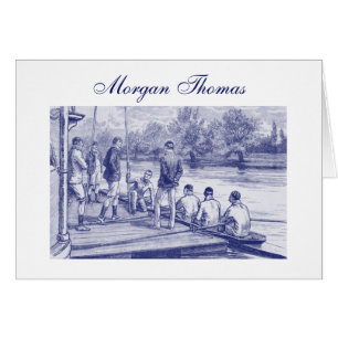 Cartão Vintage Crew Rowers no barco no cais