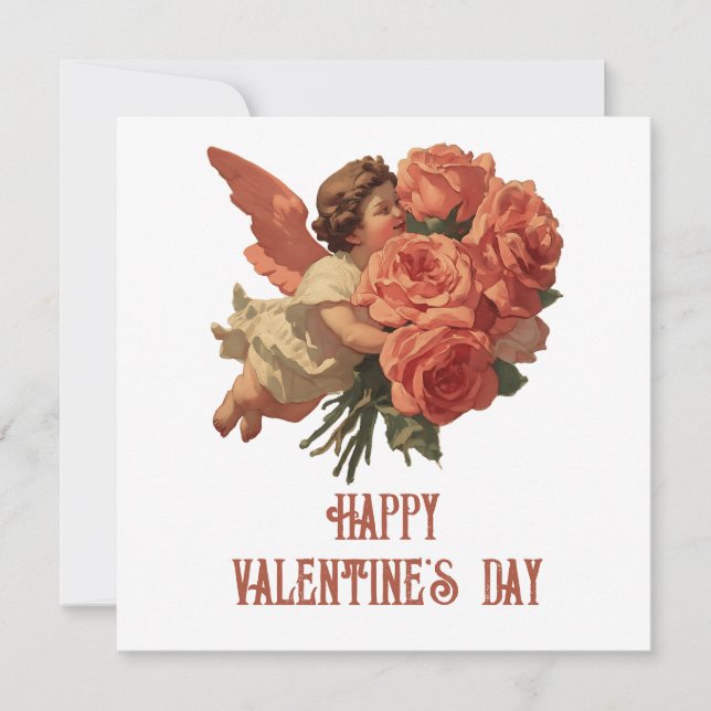 Cartão Vintage Cupid with Rose Bouquet (Frente)