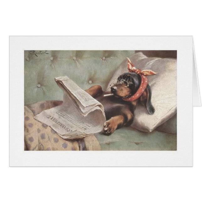 Cartão Vintage - Dachshund no sofá, (Frente Horizontal)