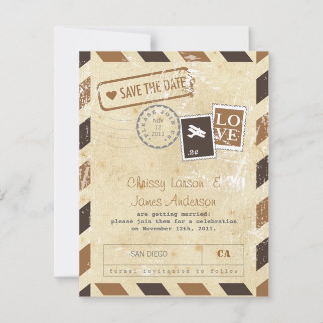 Cartão Vintage de Airmail Save the Date (Frente)