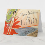 Cartão Vintage Deco Felry Christmas da garota da Flórida<br><div class="desc">Feliz Natal da Flórida,  a reprodução de cartões antigos do 1920 mostra uma mulher em um maiô com um guarda-chuva,  uma cena de praia,  e uma grande flor vermelha de poinsettia.</div>