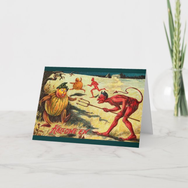 Cartão Vintage Devils perseguindo Goblins, Halloween Chee (Frente)