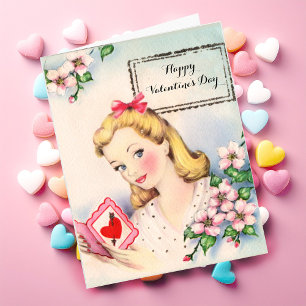 Cartão Vintage Dia de os namorados Card Bonito Girl Custo