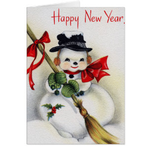 Cartão Vintage do feliz ano novo do boneco de neve do