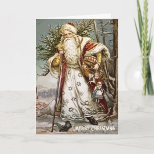 Cartão Vintage Dourado Pai Natal com Árvore e Brinquedos