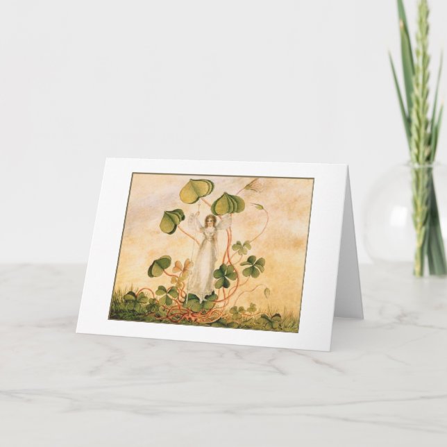 Cartão Vintage - fada com trevos, (Frente)