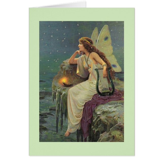 Cartão Vintage - Fada Supervisionando o Mar da Noite, (Frente)