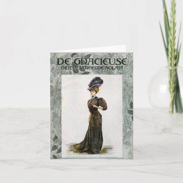 Cartão Vintage Fashion Ilustração Lady Feather Boa Hat (Frente)