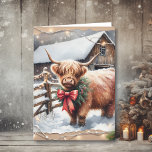 Cartão Vintage Fazenda e Highland Cow Christmas<br><div class="desc">Cartão de Natal quadrado personalizado. Uma fazenda com uma vaca bebê Highland,  parada do lado de fora num dia de inverno de neve.</div>