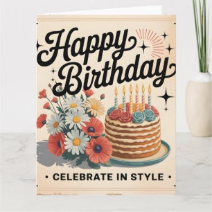 Cartão Vintage "Feliz Aniversário - Celebre com Estilo"