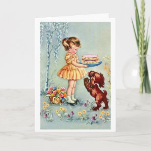 Cartão Vintage Feliz Aniversário Garotinha Com Bolo
