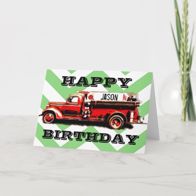 Cartão Vintage Fire Truck Birthday (Frente)