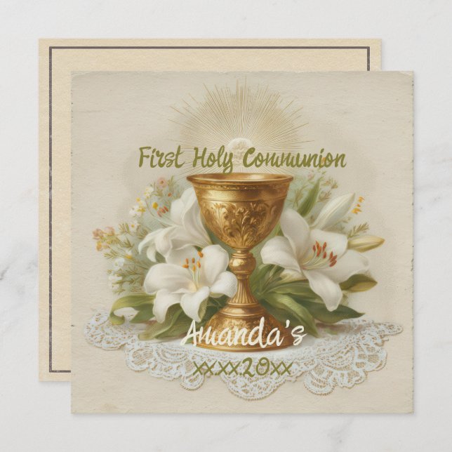 Cartão Vintage First Holy Communion Chalice White Lilies (Frente/Verso)