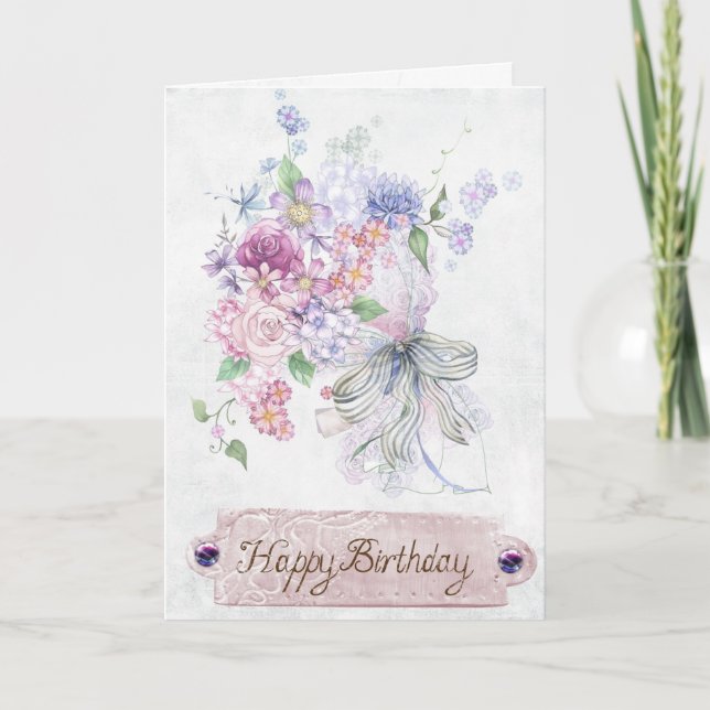 Cartão Vintage Floral Happy Birthday (Frente)