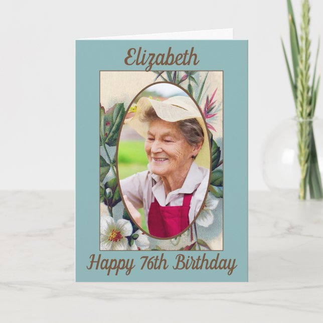 Cartão Vintage Floral Photo Any Age Birthday (Frente)