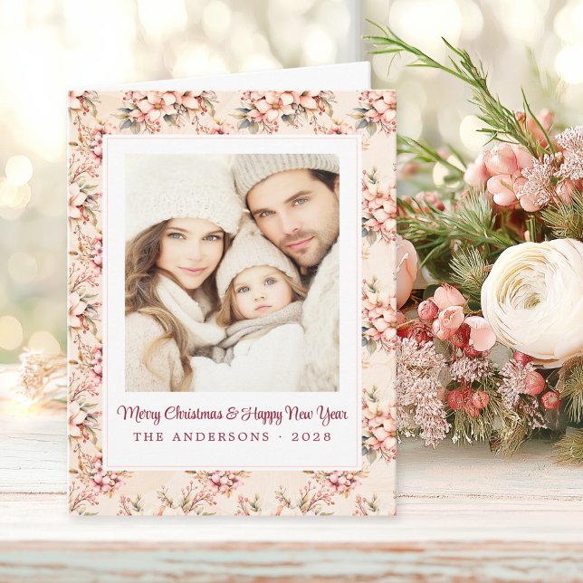 Cartão Vintage Floral Pink Natal Personalizável (5 x 7 Shabby Chic Christmas Card)