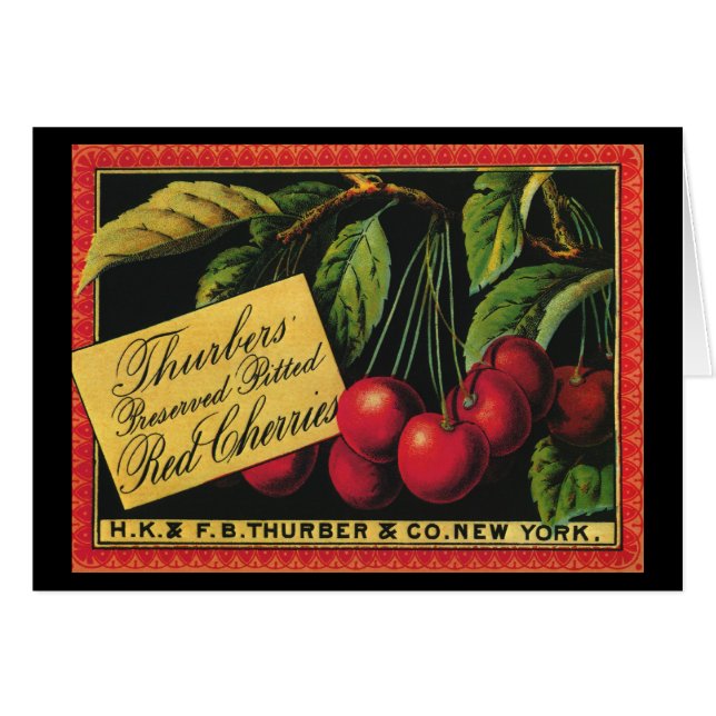 Cartão Vintage Fruta Crate Label Art, Thurber Cherries (Frente Horizontal)